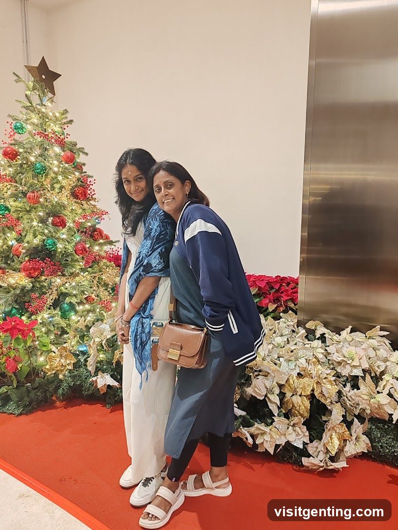 Two women posing near Christmas decorations