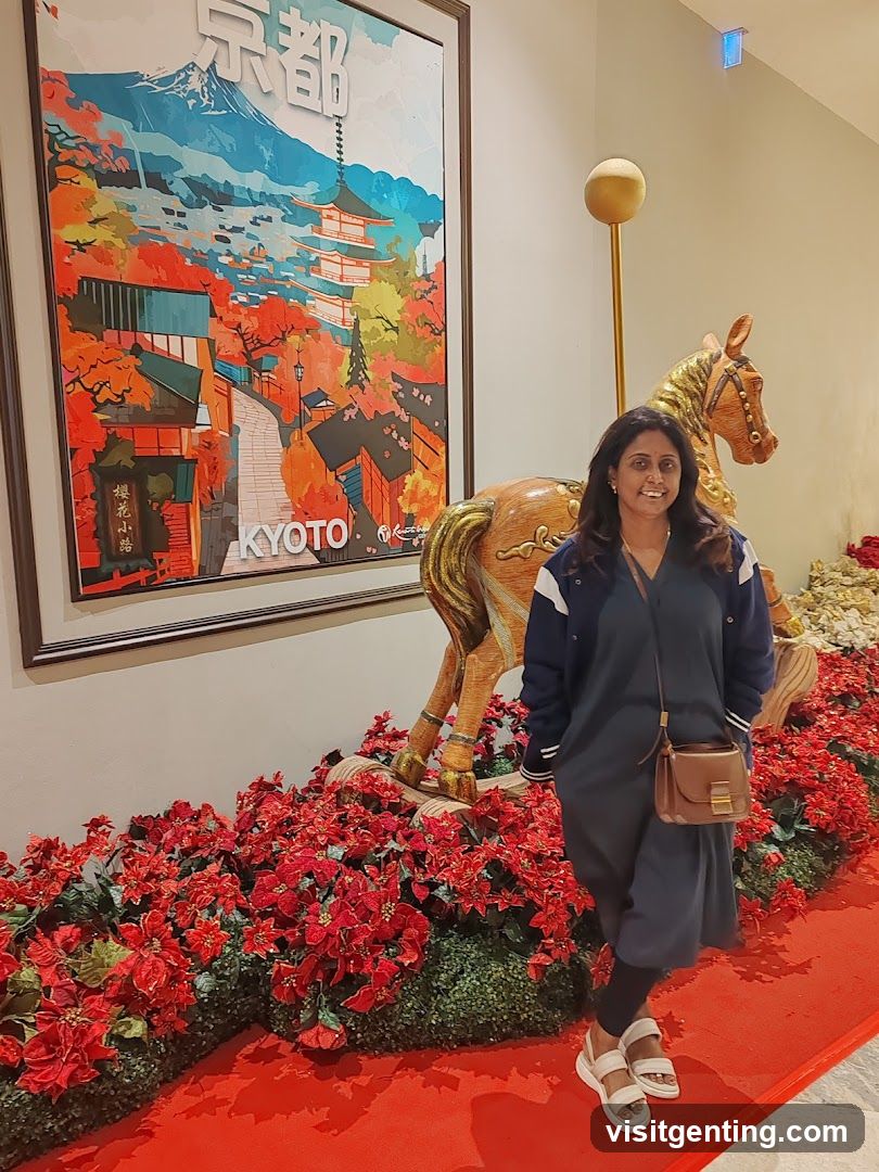 Woman posing near Kyoto-themed decor