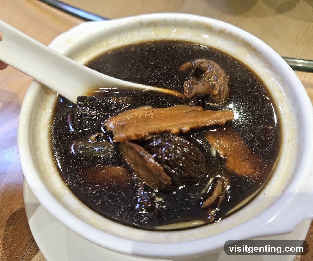 Bowl of dark broth with ingredients