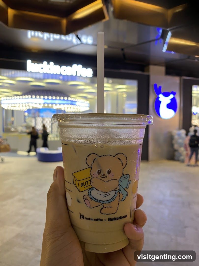 Hand holding iced beverage with Luckin Coffee x Butterbear branding