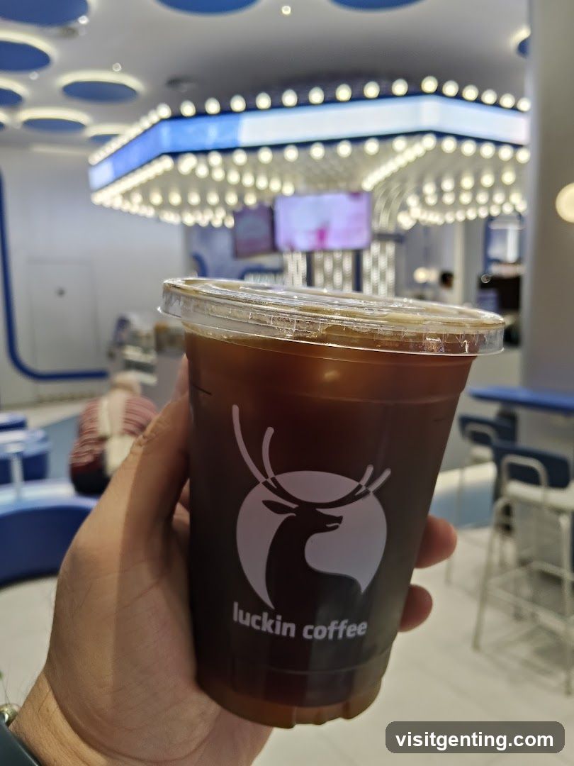 Hand holding Luckin Coffee cup
