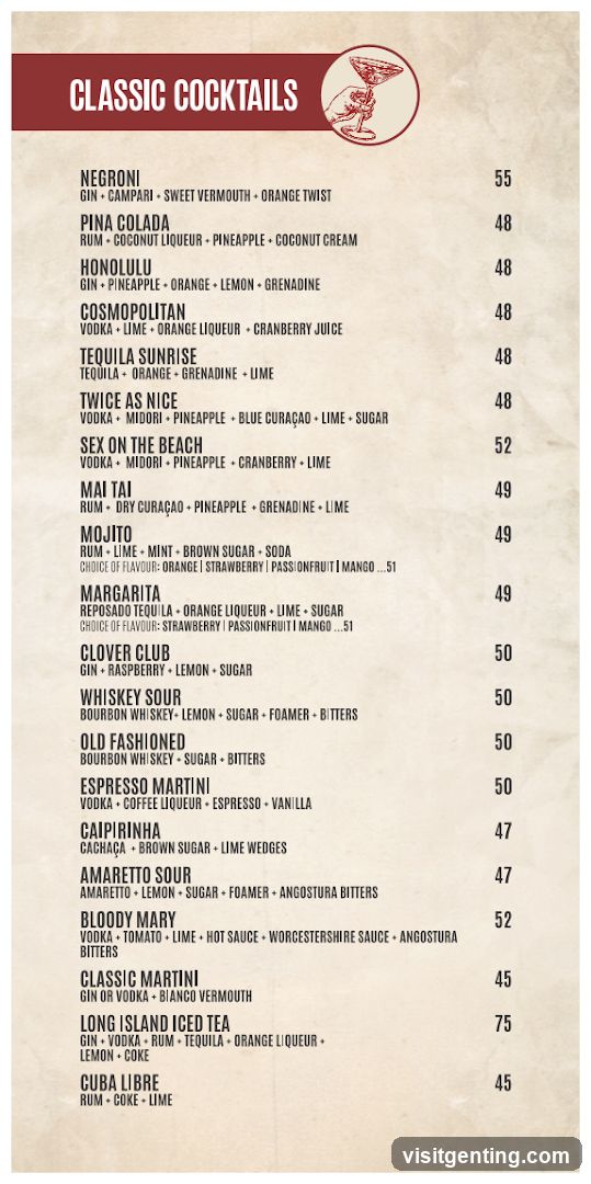 Classic Cocktails Menu