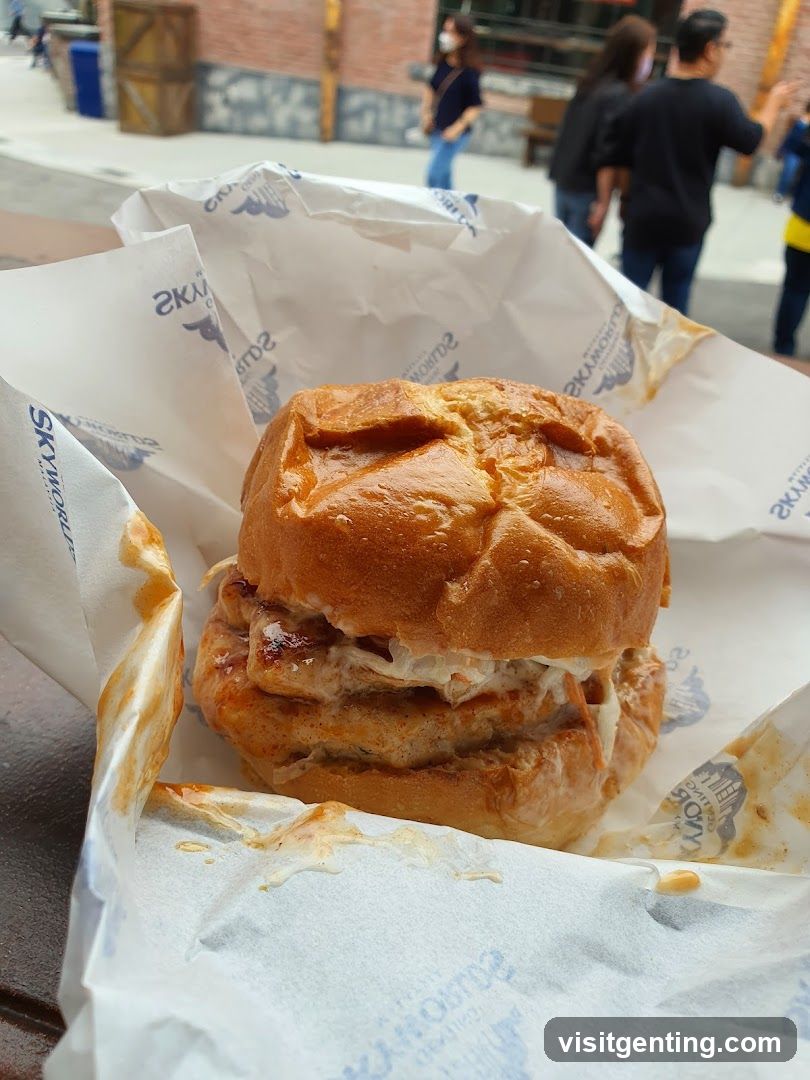 Burger on branded paper