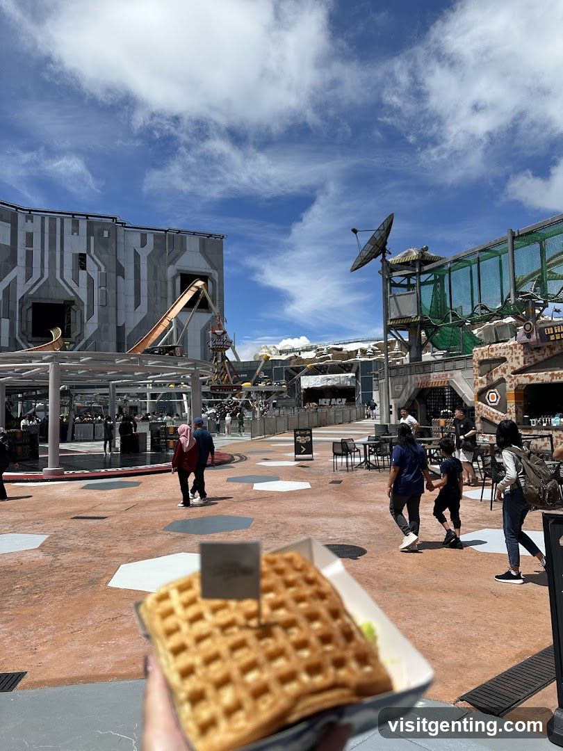 Waffle in foreground at amusement park