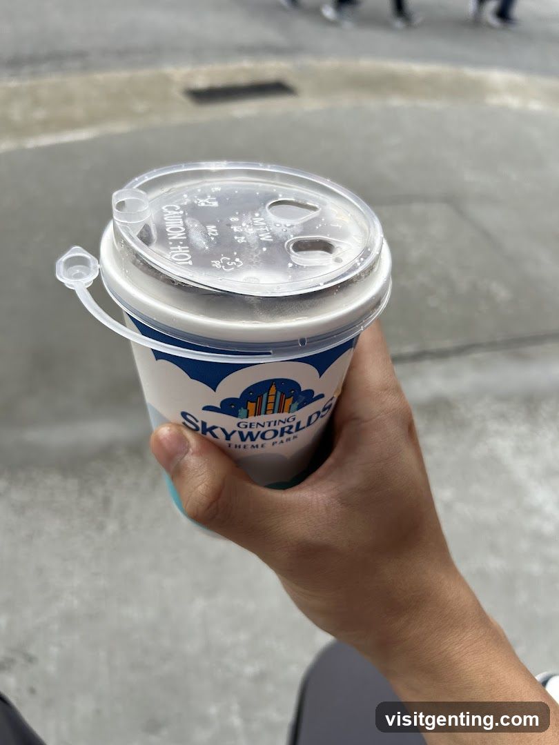 Hand holding Genting Skyworlds themed drink cup