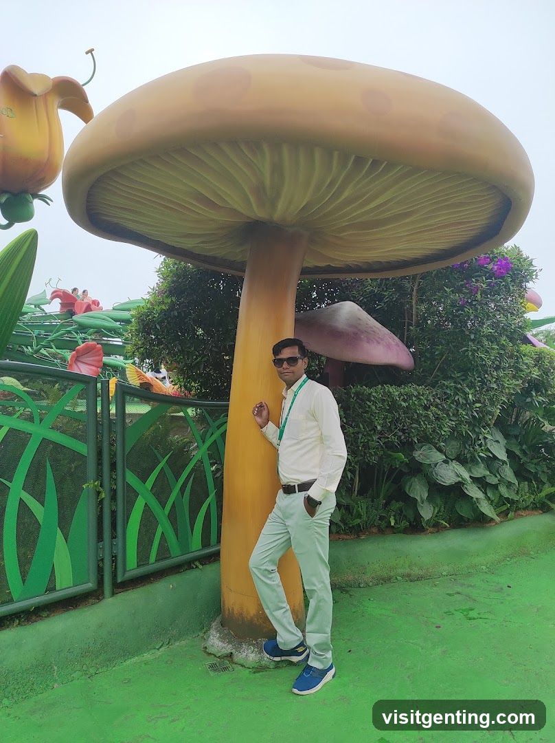 Man posing under giant mushroom sculpture