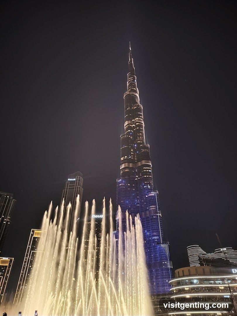 Nighttime Dubai Skyline with Burj Khalifa and Fountains