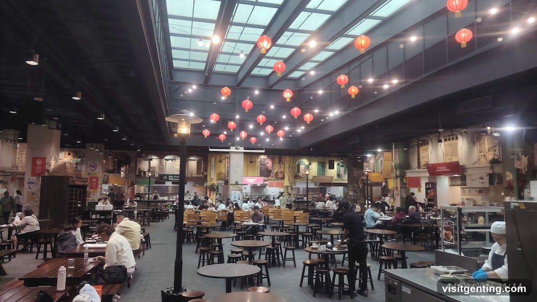 Indoor dining area with multiple food stalls