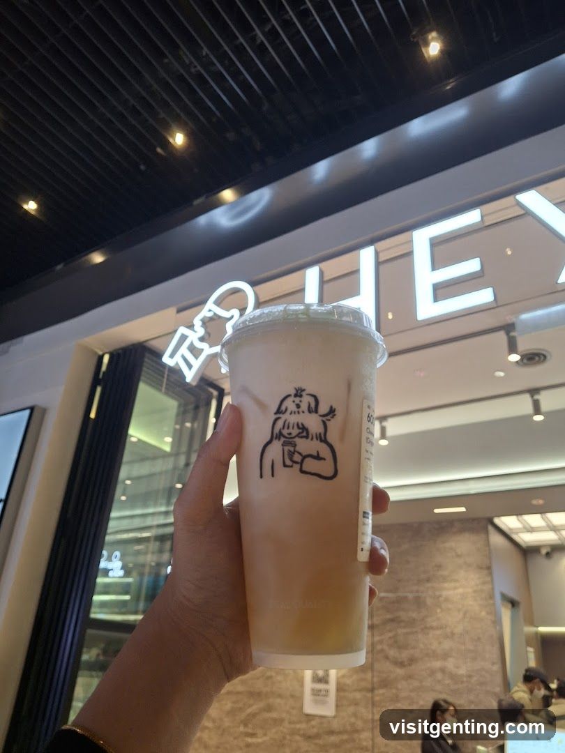 Hand holding drink in front of storefront