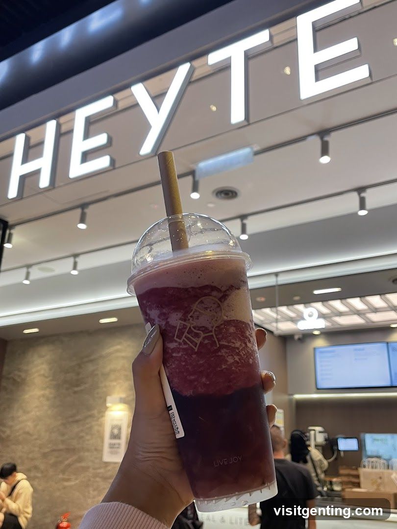 Hand holding drink in front of Heyte sign