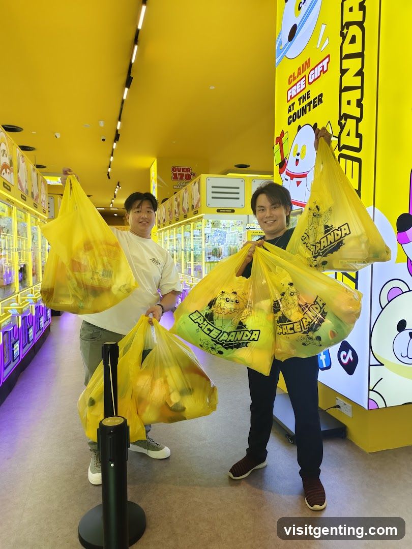 Two individuals holding yellow shopping bags in a brightly lit store