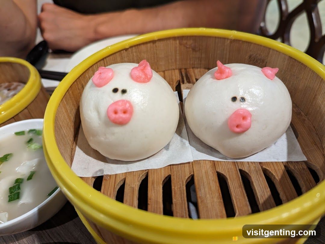 Pig-shaped dumplings in bamboo steamer