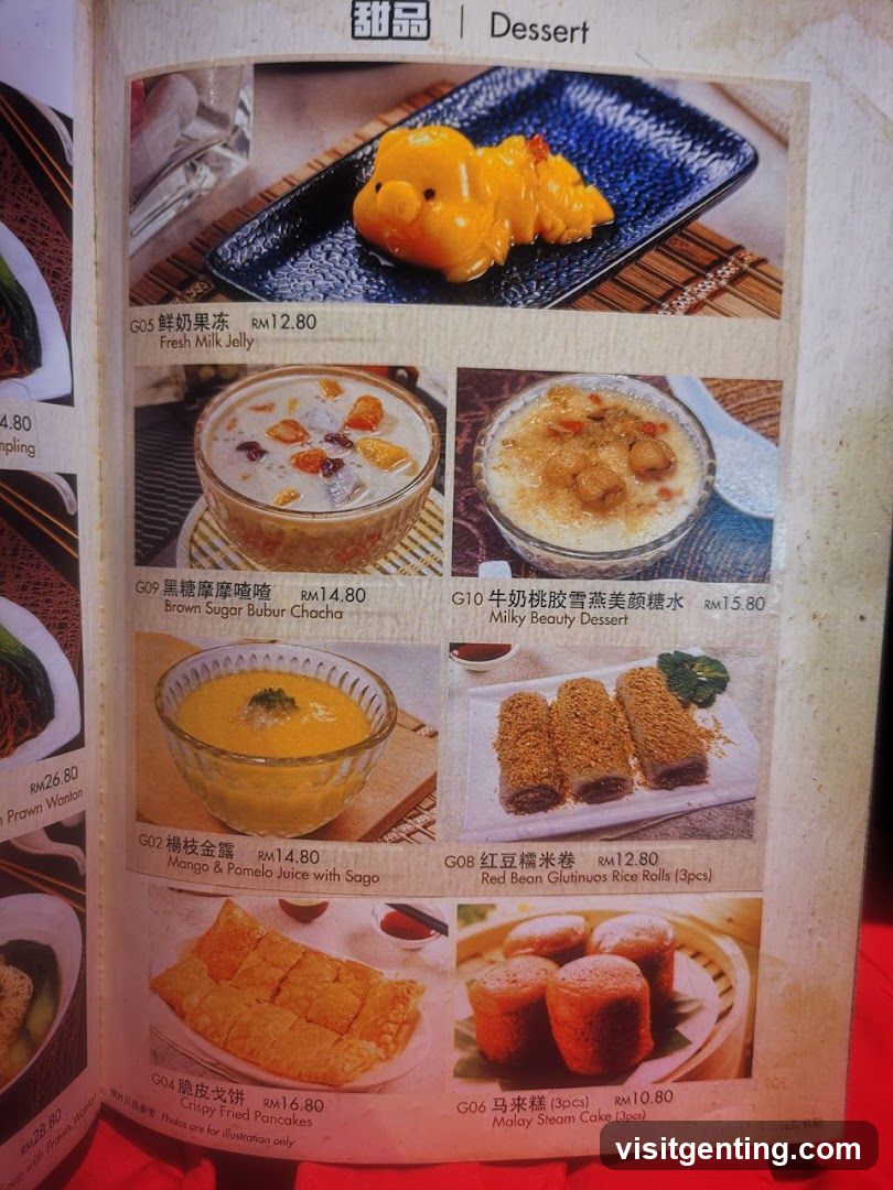 Dessert Section of Menu