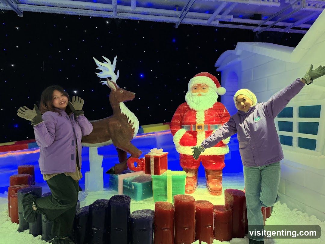 Two people posing with ice sculptures in a festive indoor setting