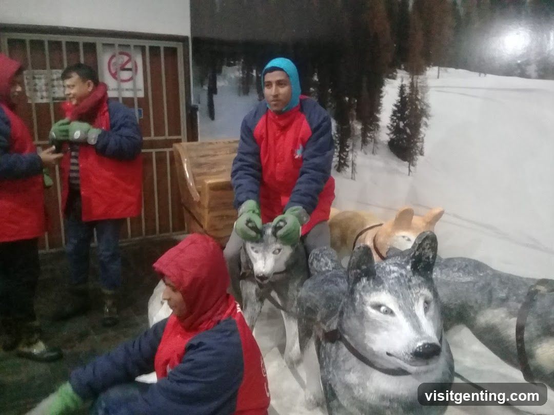 Group of people in winter gear near dog sled display