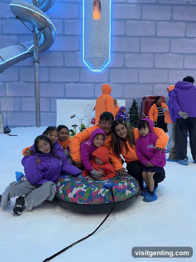 Group photo at indoor snow-themed attraction