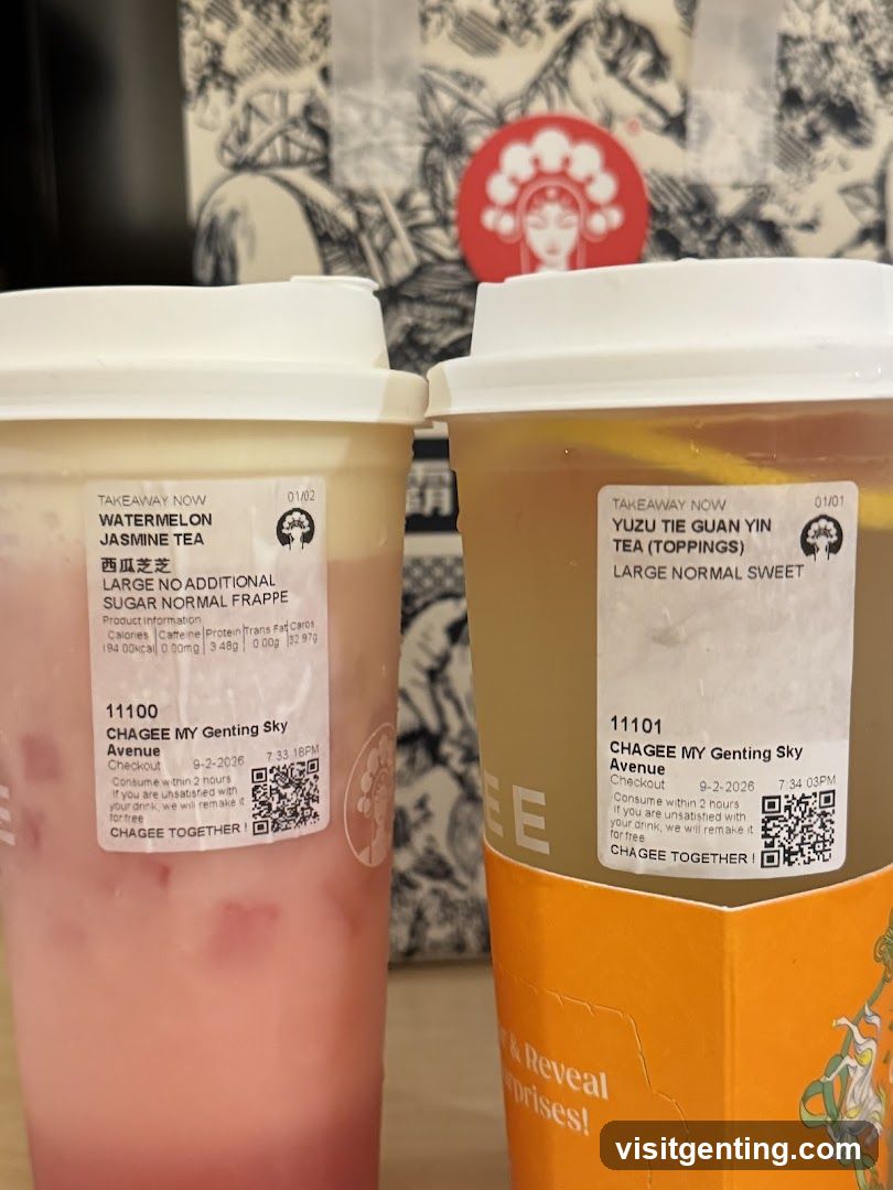 Two takeaway beverages at Chagee My Genting Sky