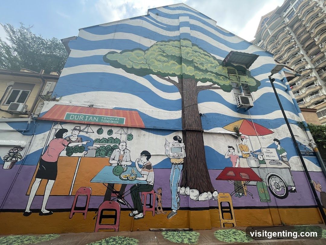 Street mural depicting daily life scene