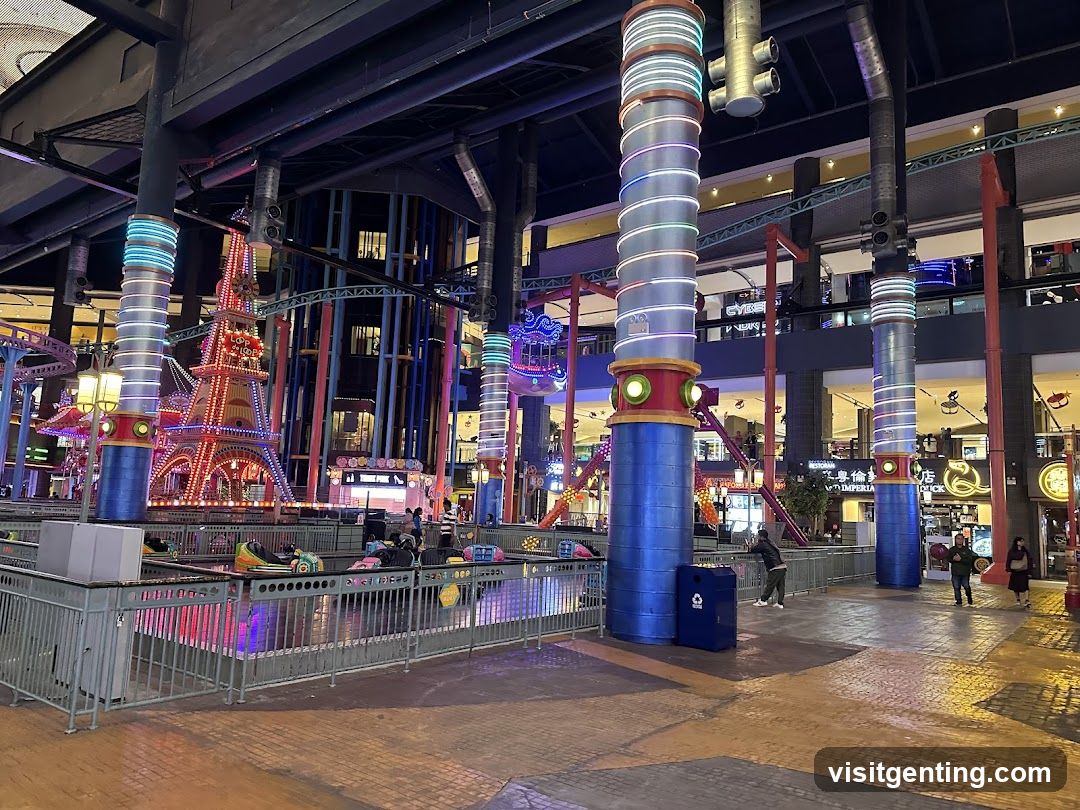 Indoor amusement area with themed structures