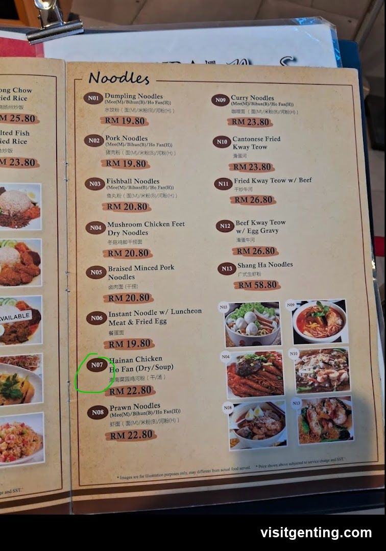 Noodles Section of Menu