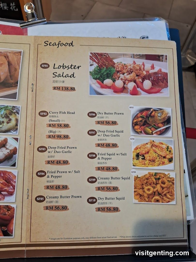 Seafood Section of Menu