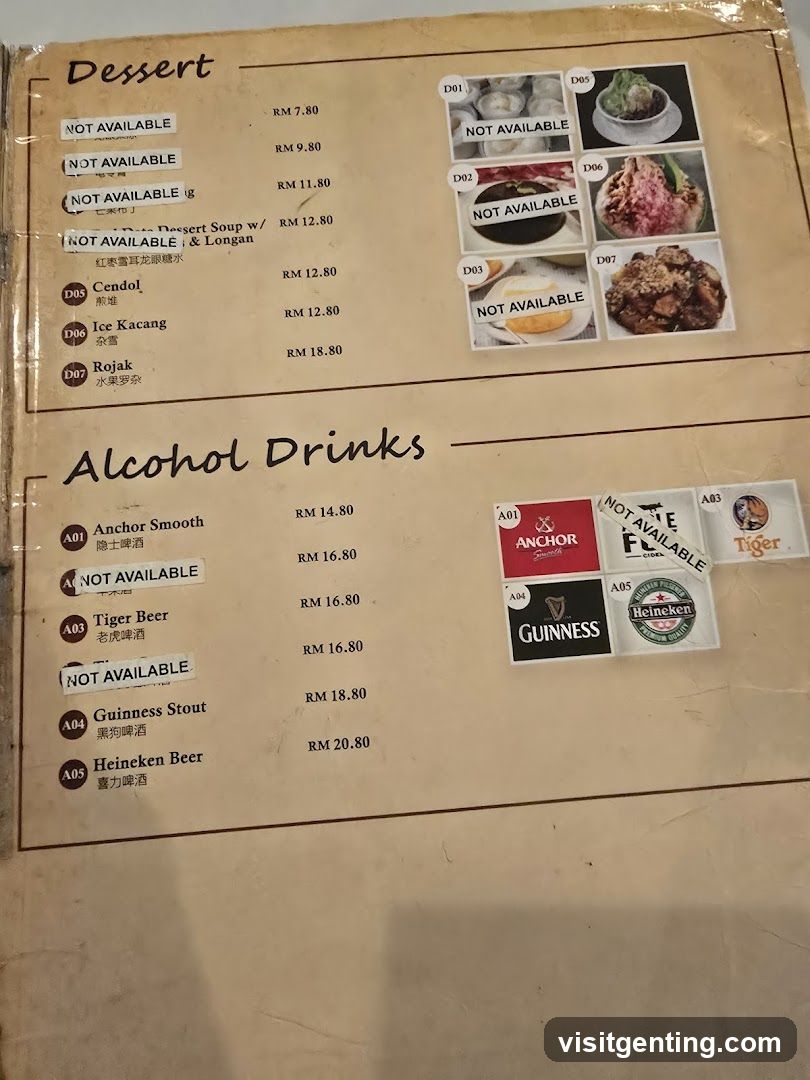 Dessert and Alcohol Drinks Menu