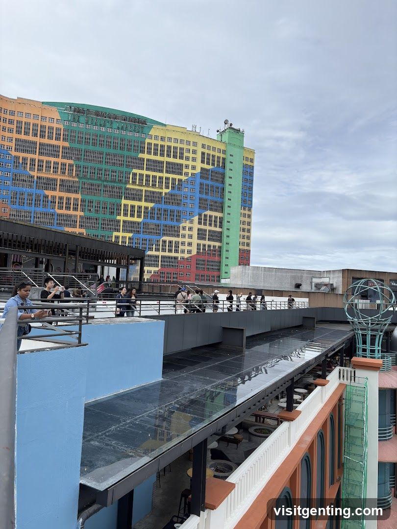 Roof terrace view with colorful building in background