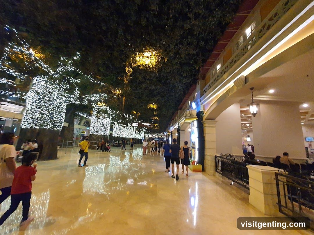 Outdoor pedestrian walkway at night