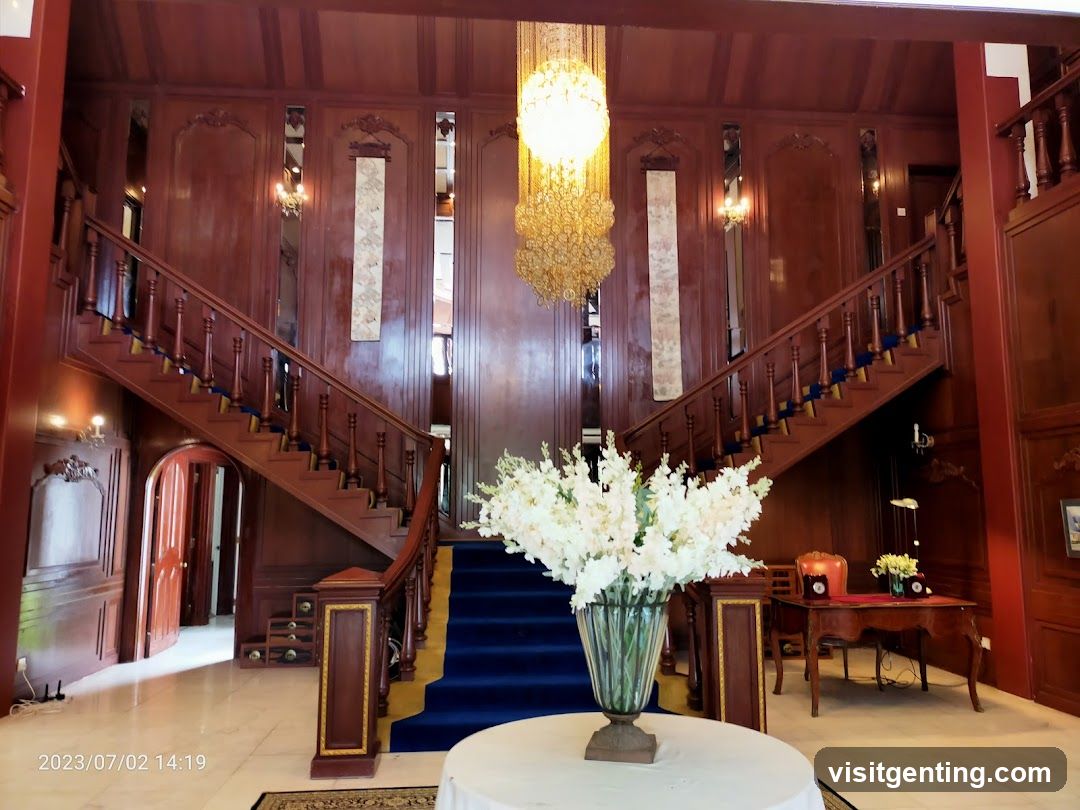 Interior of a grand wooden staircase lobby