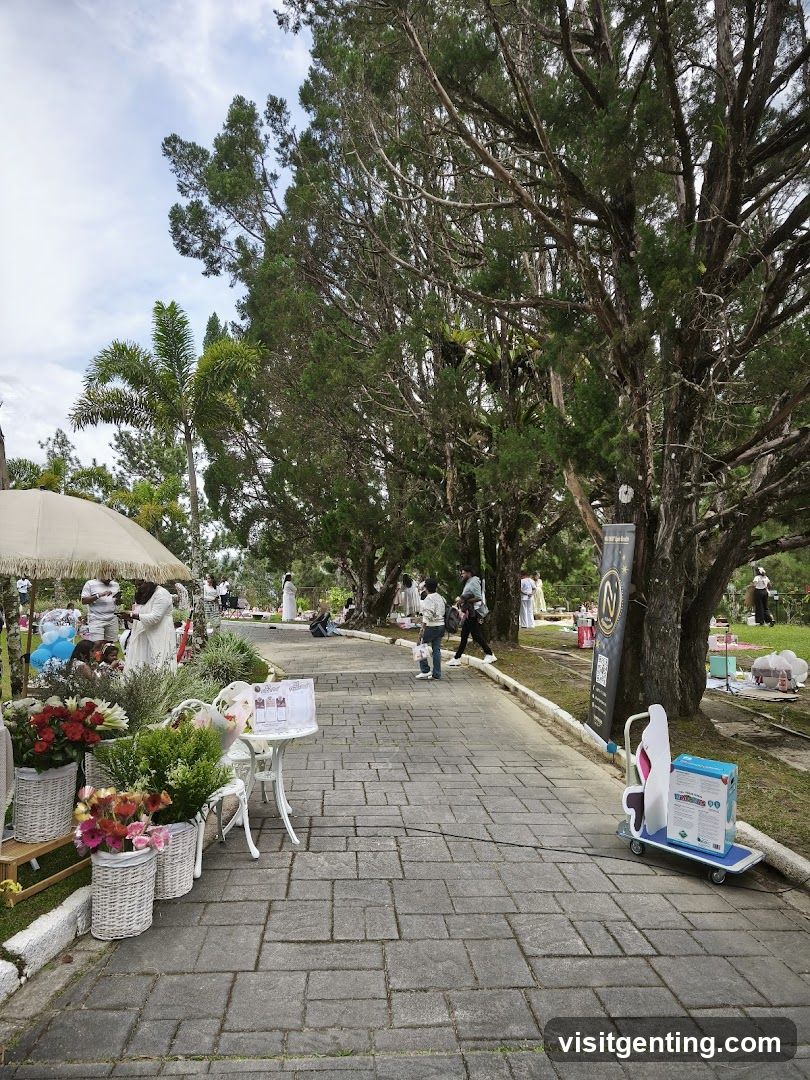 Outdoor Event Area with Flower Displays and Trees