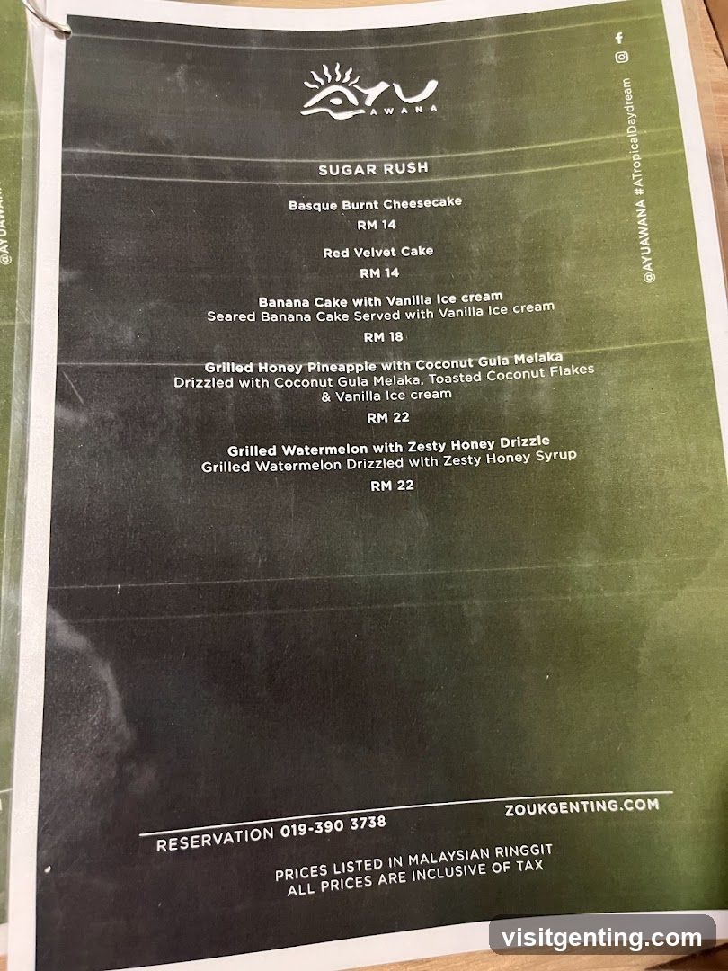 Ayawan Sugar Rush Menu