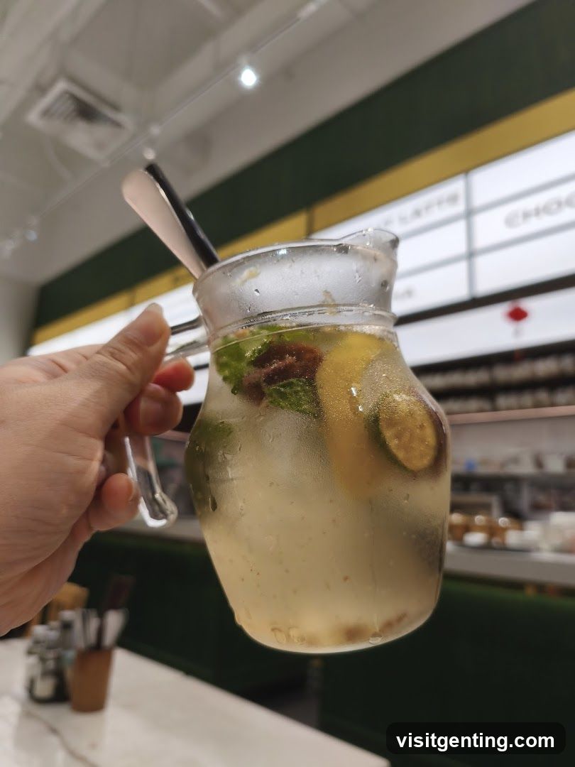Hand holding a pitcher of iced drink