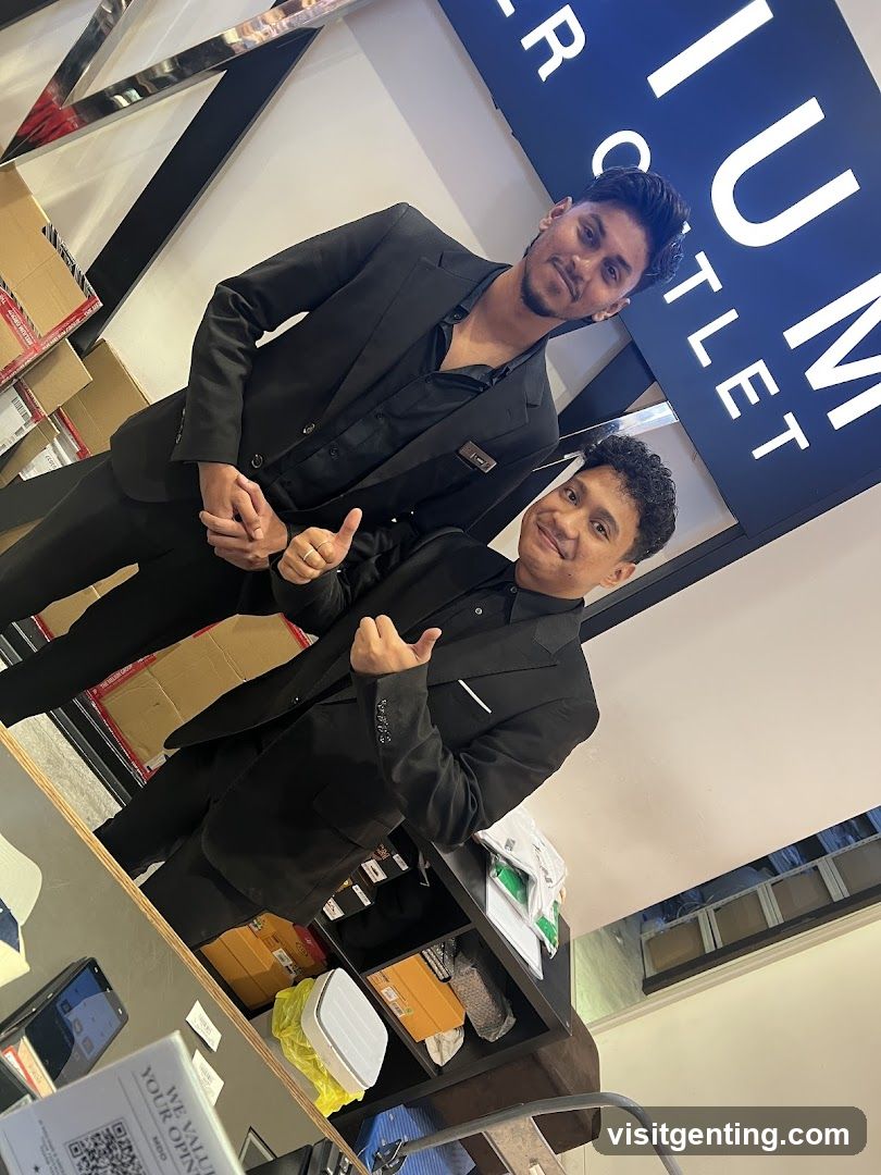 Two staff members posing inside a store