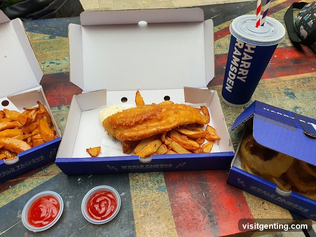 Fish and chips meal with branded packaging