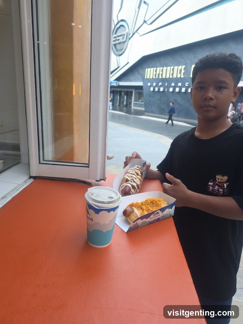 Boy with food and drink at storefront