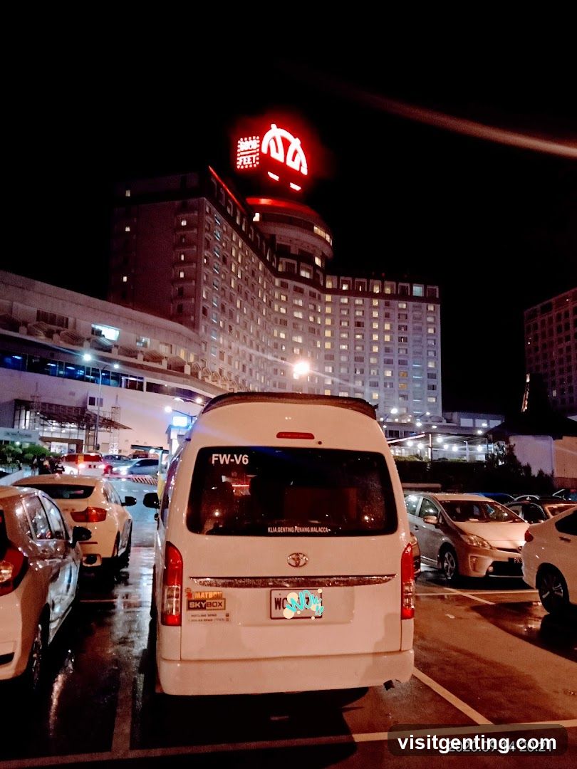 Nighttime parking lot with hotel building