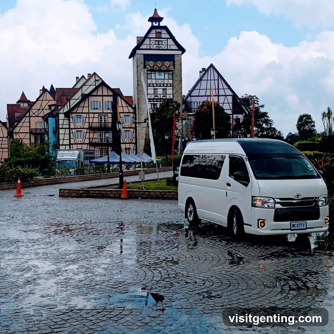 Rainy Cobblestone Square with Van and Half-Timbered Buildings