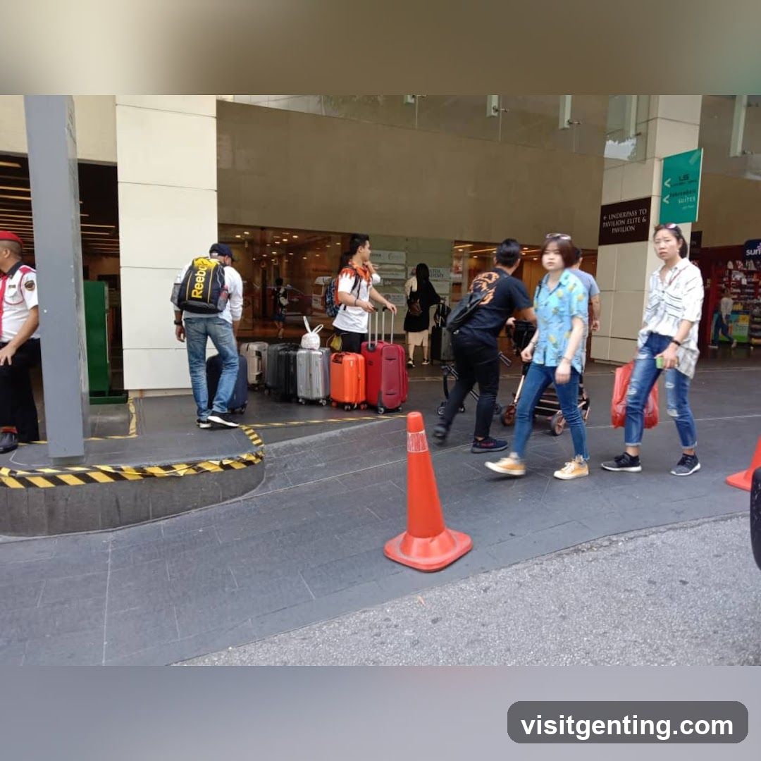 People with luggage outside building entrance