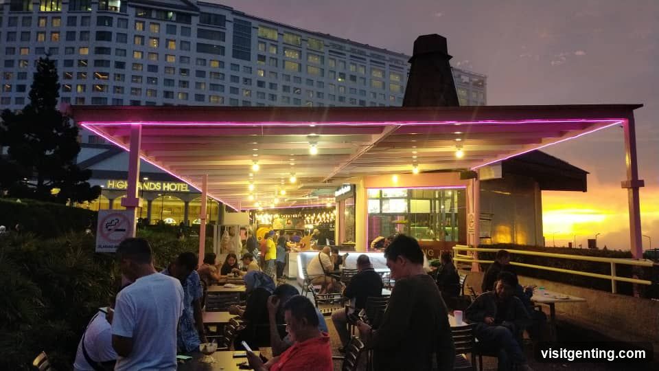 Outdoor dining area at dusk