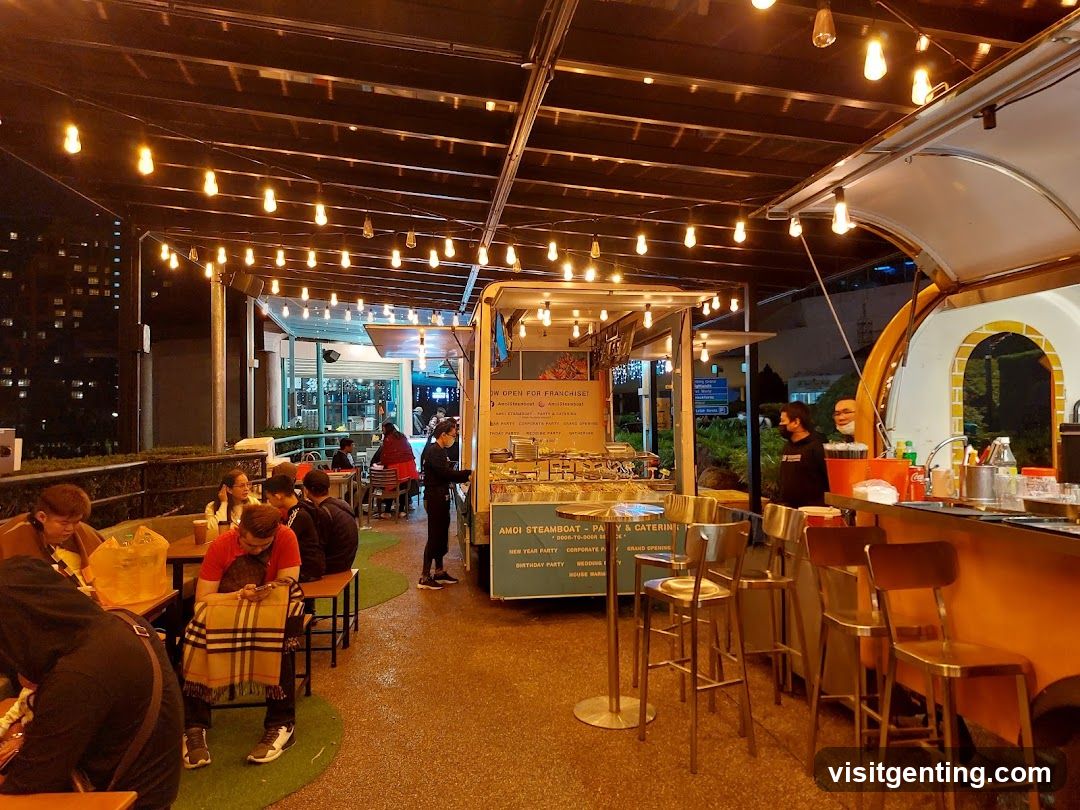 Outdoor dining area at night