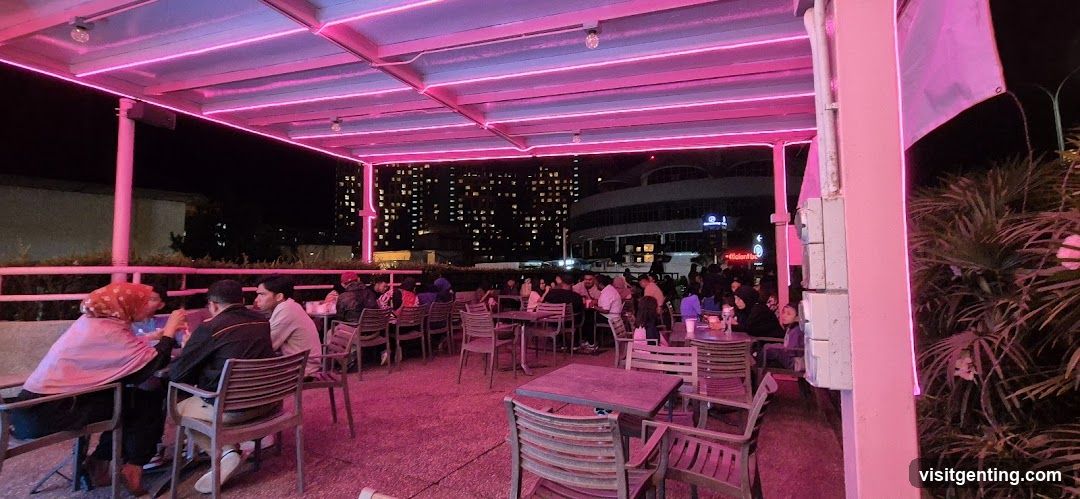 Outdoor dining area at night