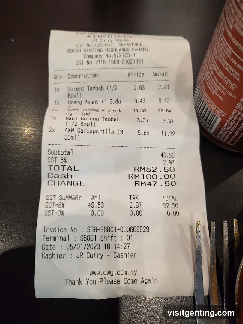 Receipt from JR Curry House