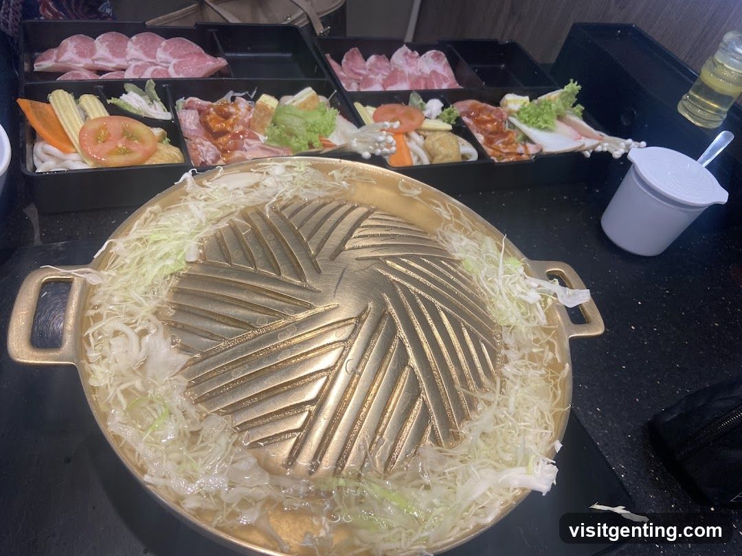 Grilled meat and vegetables set with a hot pot
