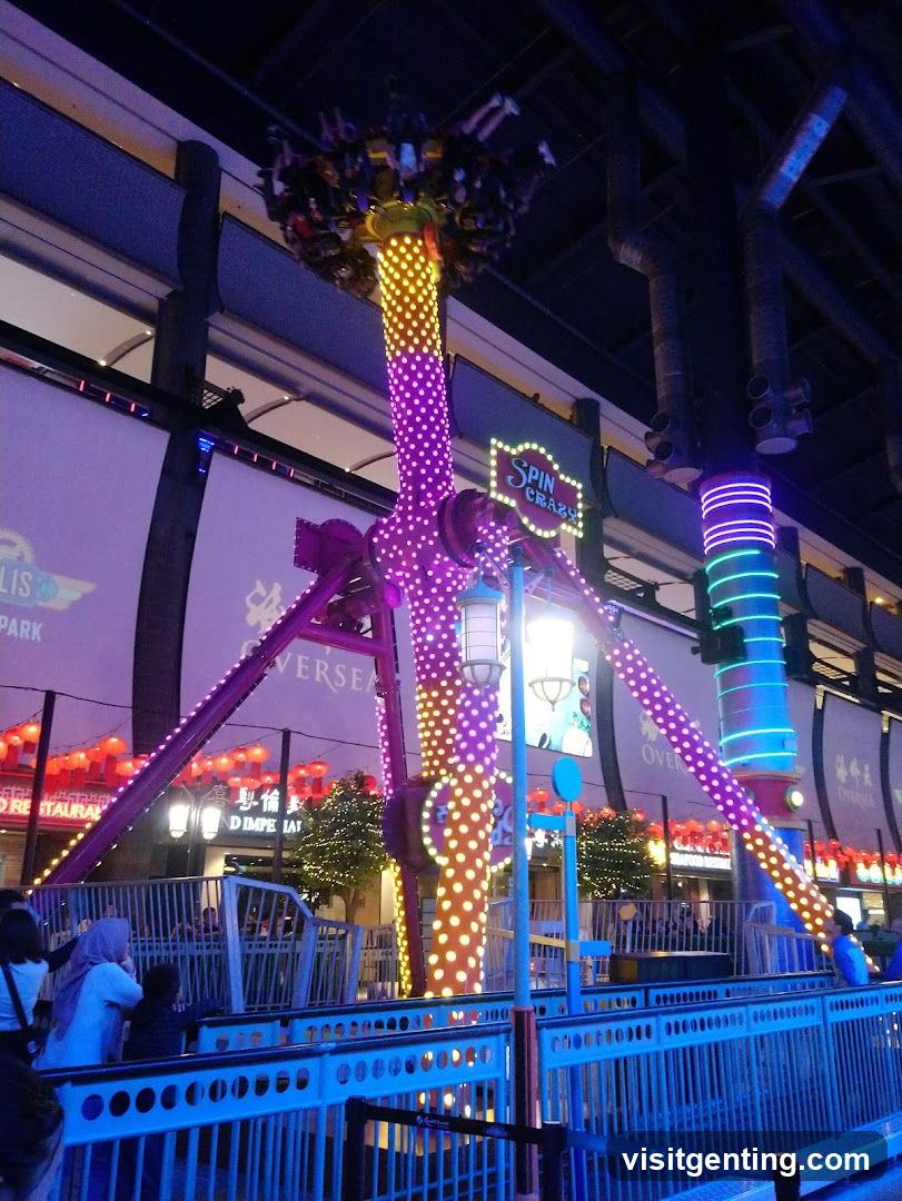 Nighttime amusement park ride area