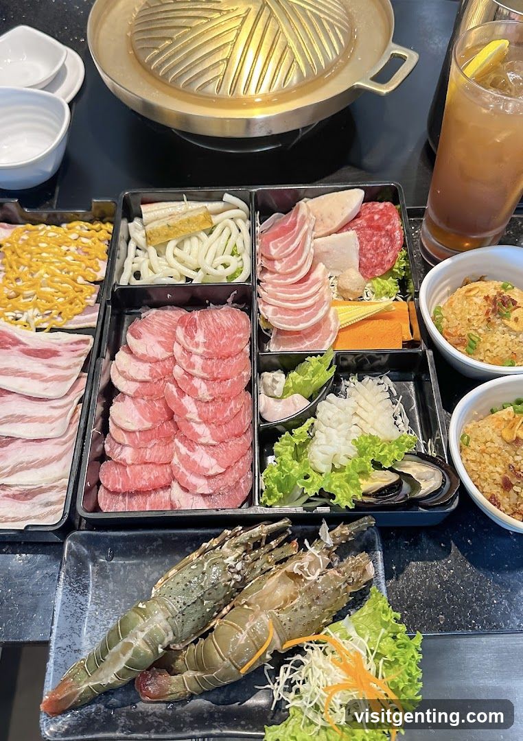 Grilled meat and seafood platter with hot pot