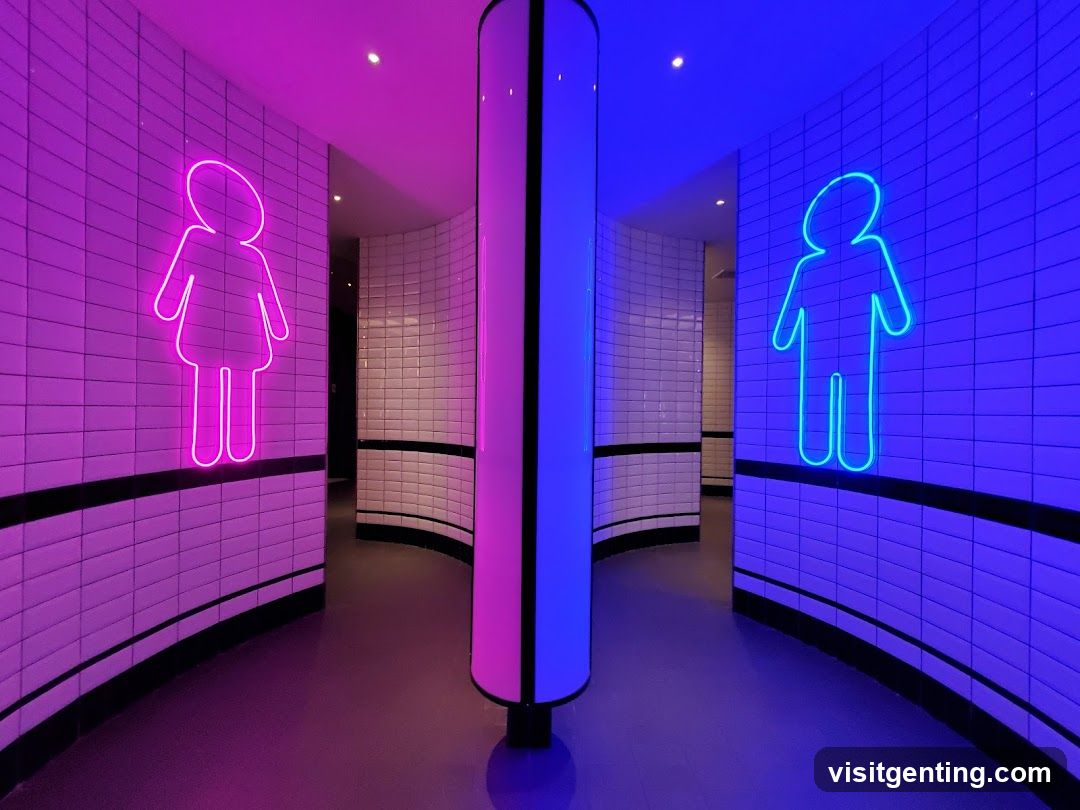 Neon-lit restroom corridor
