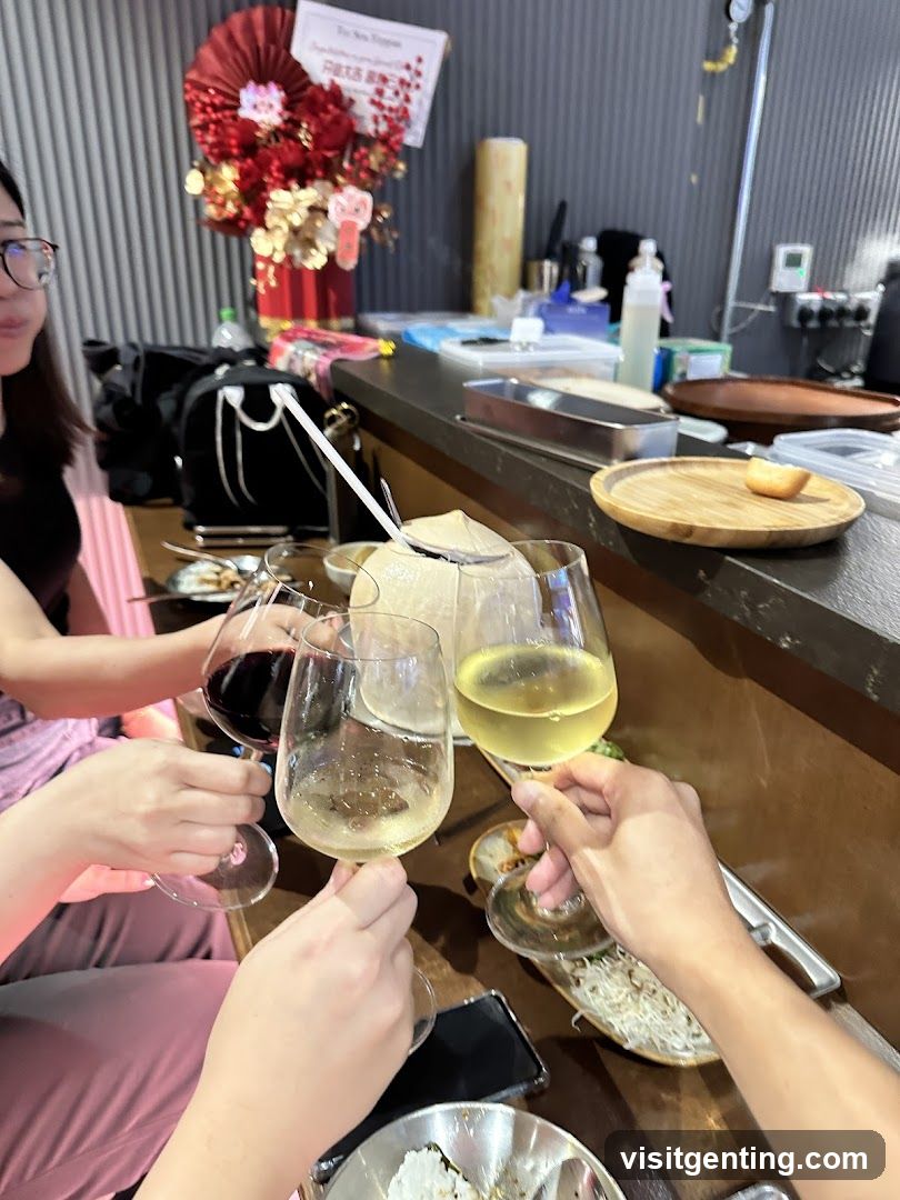 Group toasting at a dining counter