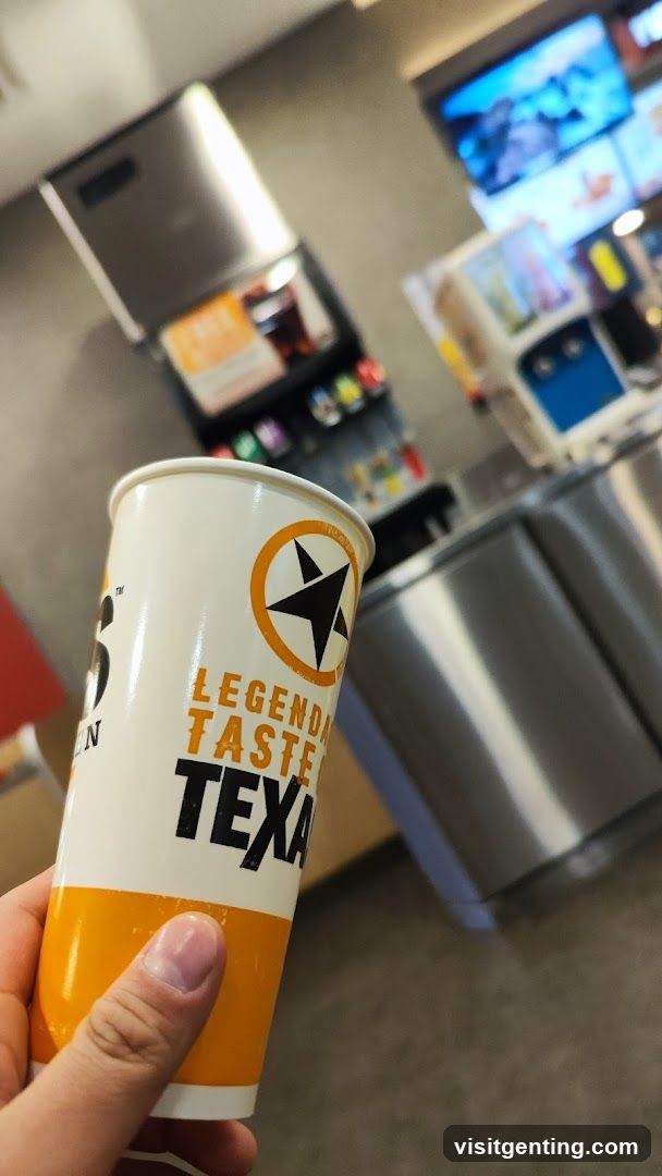 Hand holding branded cup in food service area