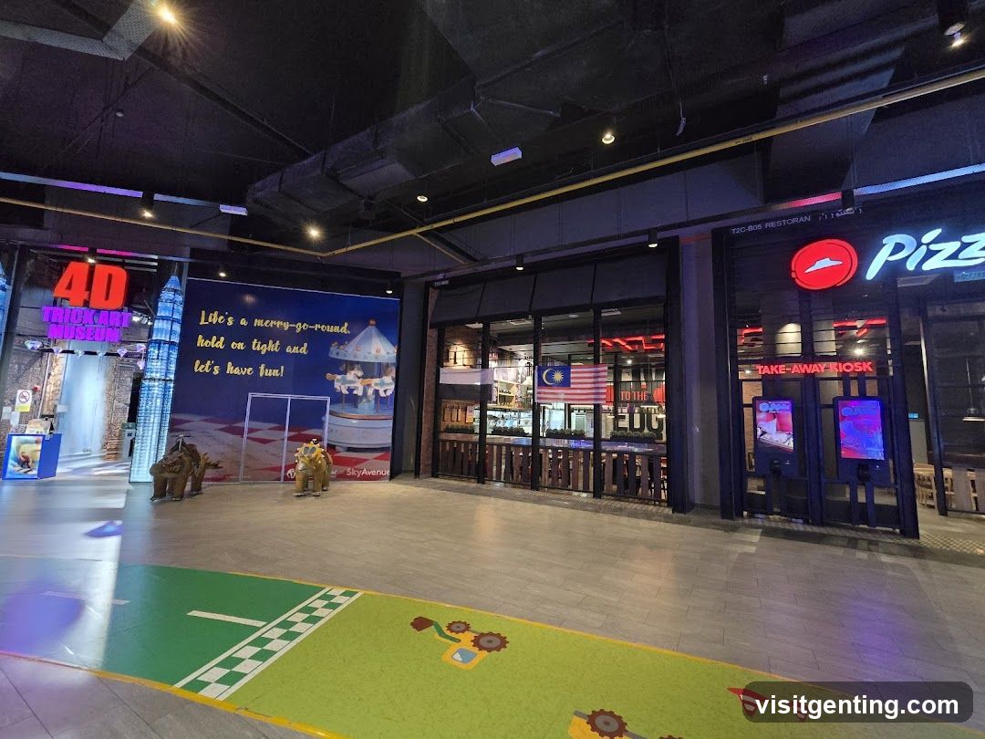 Interior of a shopping mall with restaurants and attractions