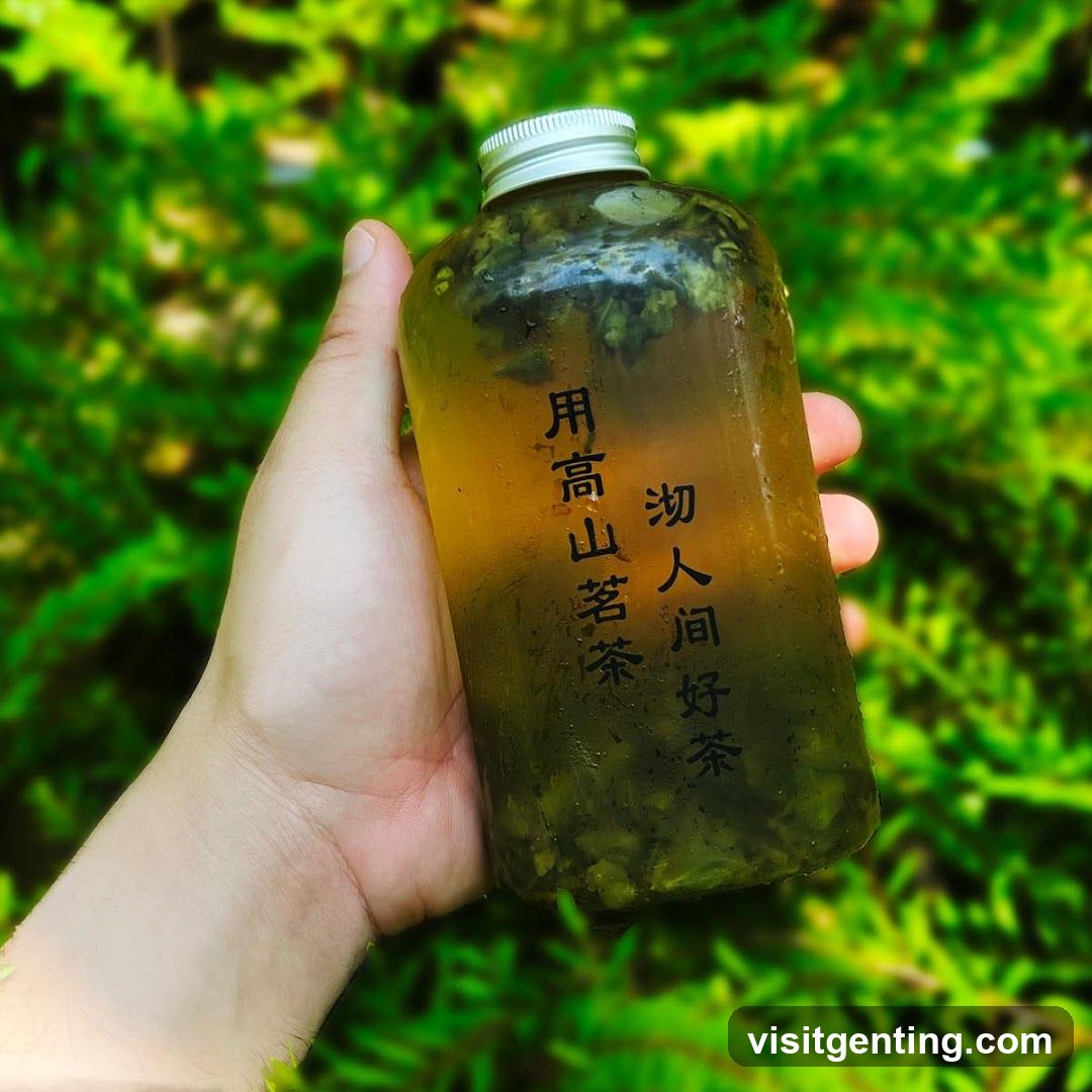 Hand holding tea bottle outdoors